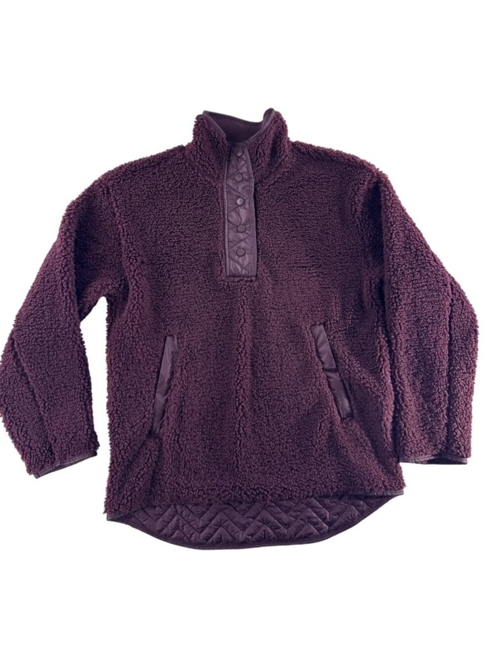 Athleta Cozy Sherpa Fleece 1/4 Snap Pullover Plum Purple Quilted Hem NWOT Small